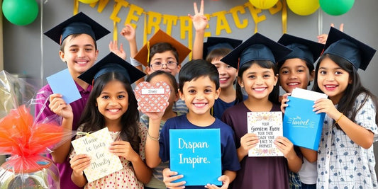 Children celebrating graduation with inspiring gifts and smiles.