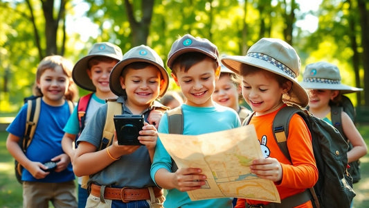 Children enjoying personalized explorer birthday gifts outdoors.
