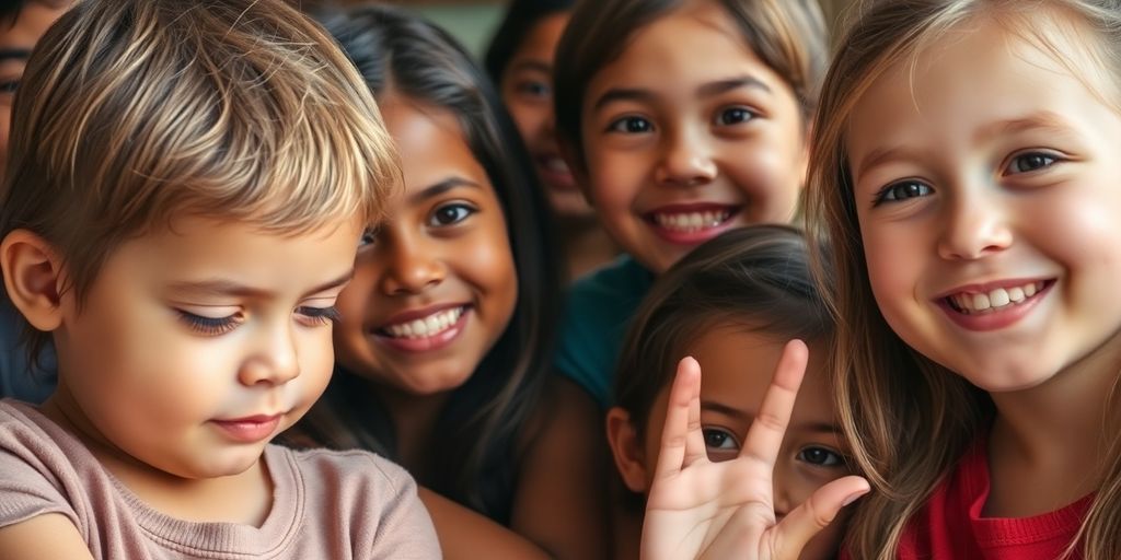 Shy child smiling, gaining confidence with supportive friends.