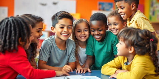 Diverse children collaborating and smiling, showcasing leadership qualities.