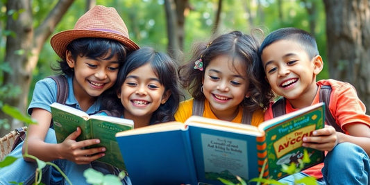 Children reading books with joy and excitement outdoors.