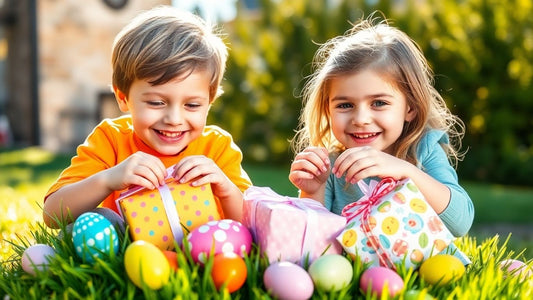 Children happily opening personalized Easter gifts.