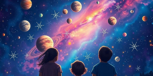 Children looking at a starry night sky full of planets.