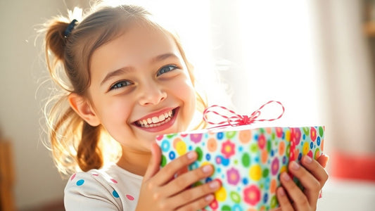 Happy girl receiving a colorful birthday gift.