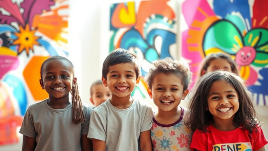 Children smiling with colorful art