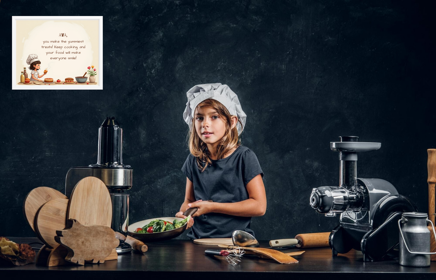 Personalized chef quote poster for kids to inspire them to cook with passion and creativity.