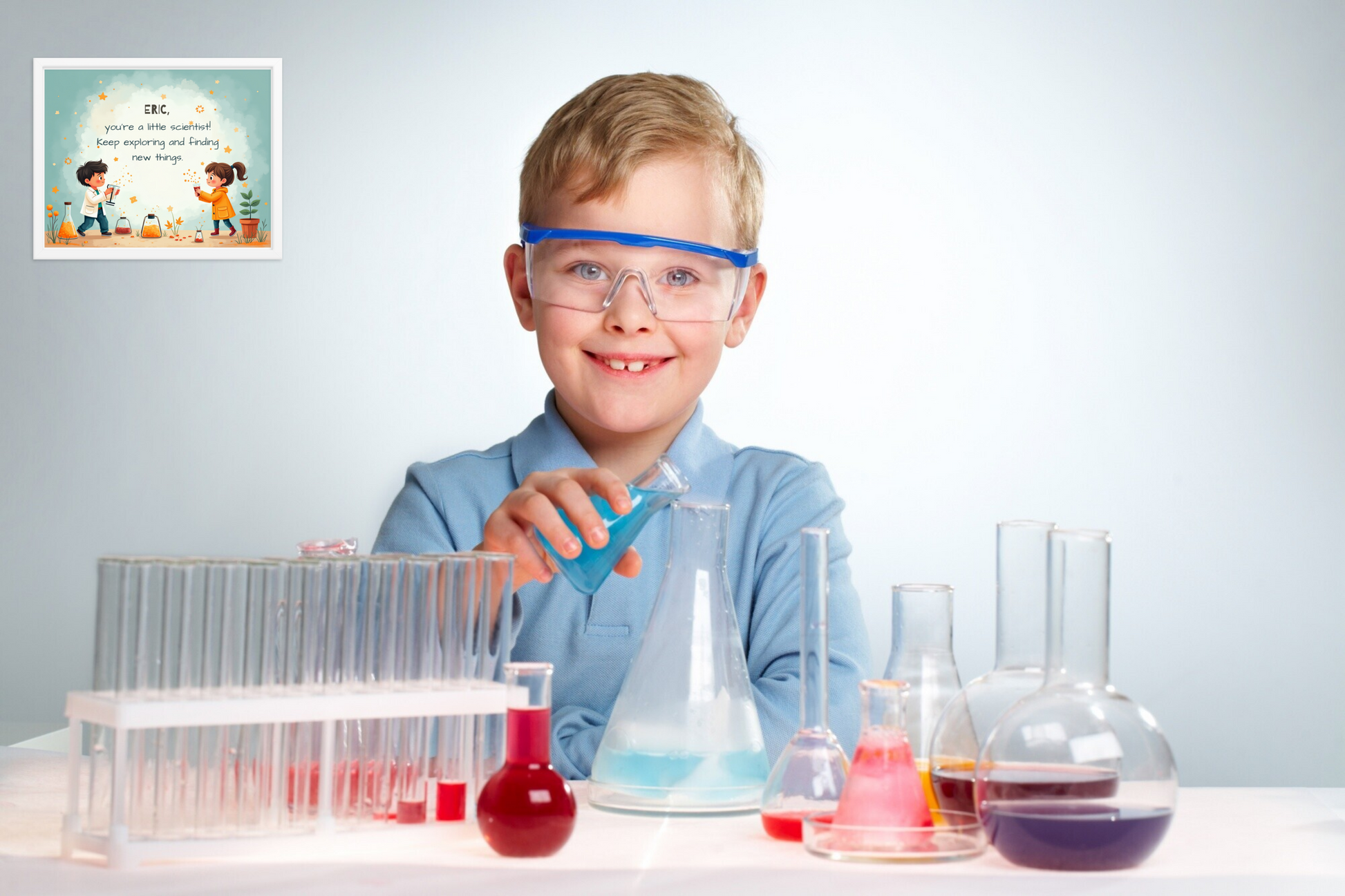 Personalized scientist quote poster for kids to inspire them to explore curiosity and discover new ideas.
