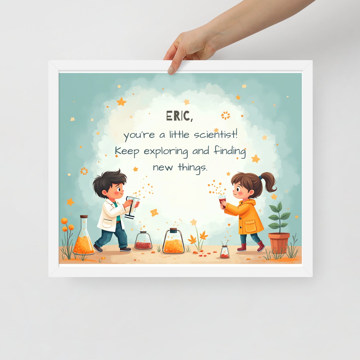Scientist-themed personalized quote poster for kids designed to spark exploration and inquisitiveness.