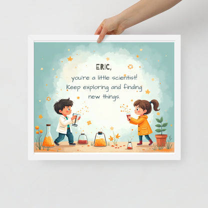 Scientist-themed personalized quote poster for kids designed to spark exploration and inquisitiveness.