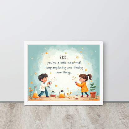 Motivational personalized scientist poster for kids to encourage curiosity and a love for discovery.