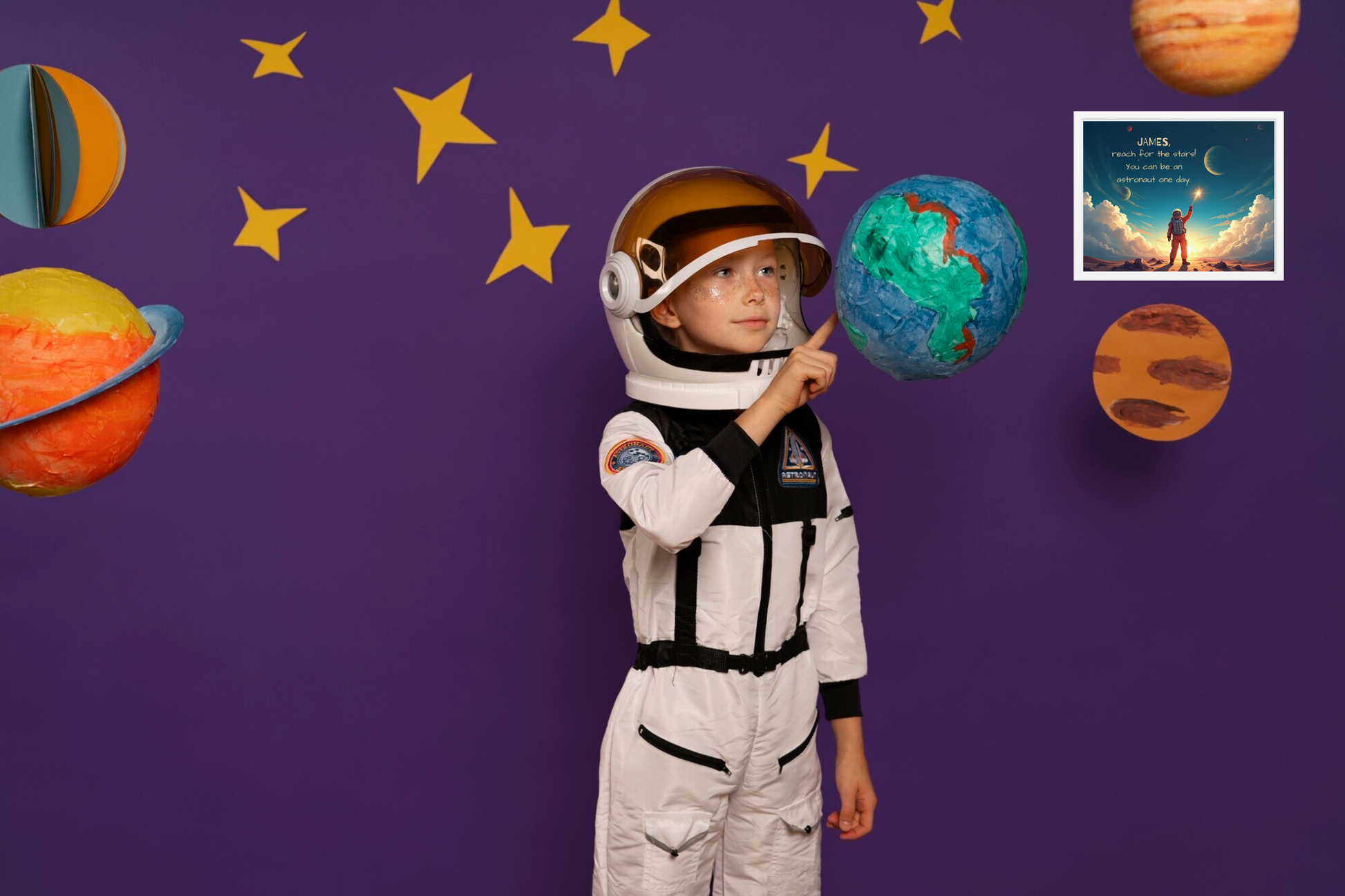 Personalized space explorer quote poster for kids to inspire them to dream big and reach for the stars.