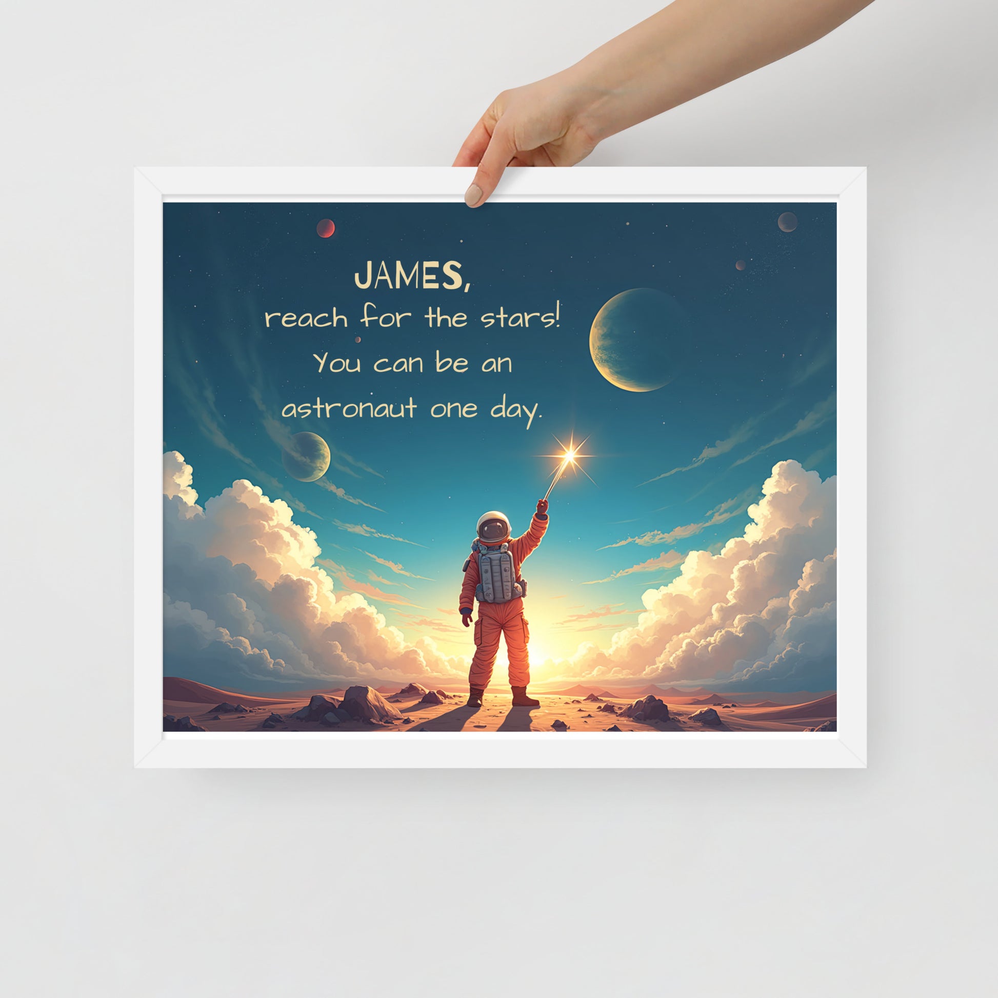Space explorer-themed personalized quote poster for kids designed to spark big dreams and wonder.