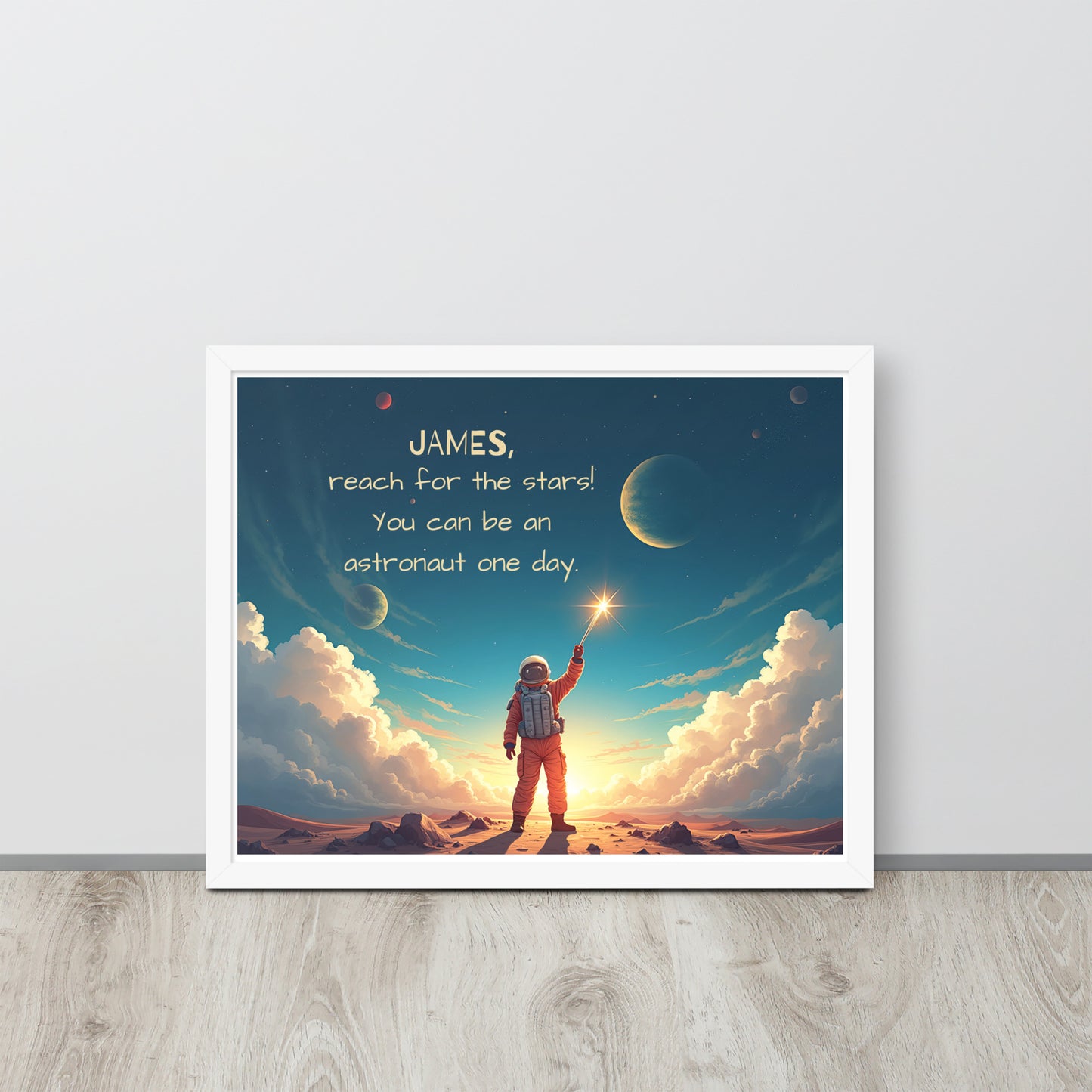 Motivational personalized space explorer poster for kids to encourage dreaming big and exploring the universe.