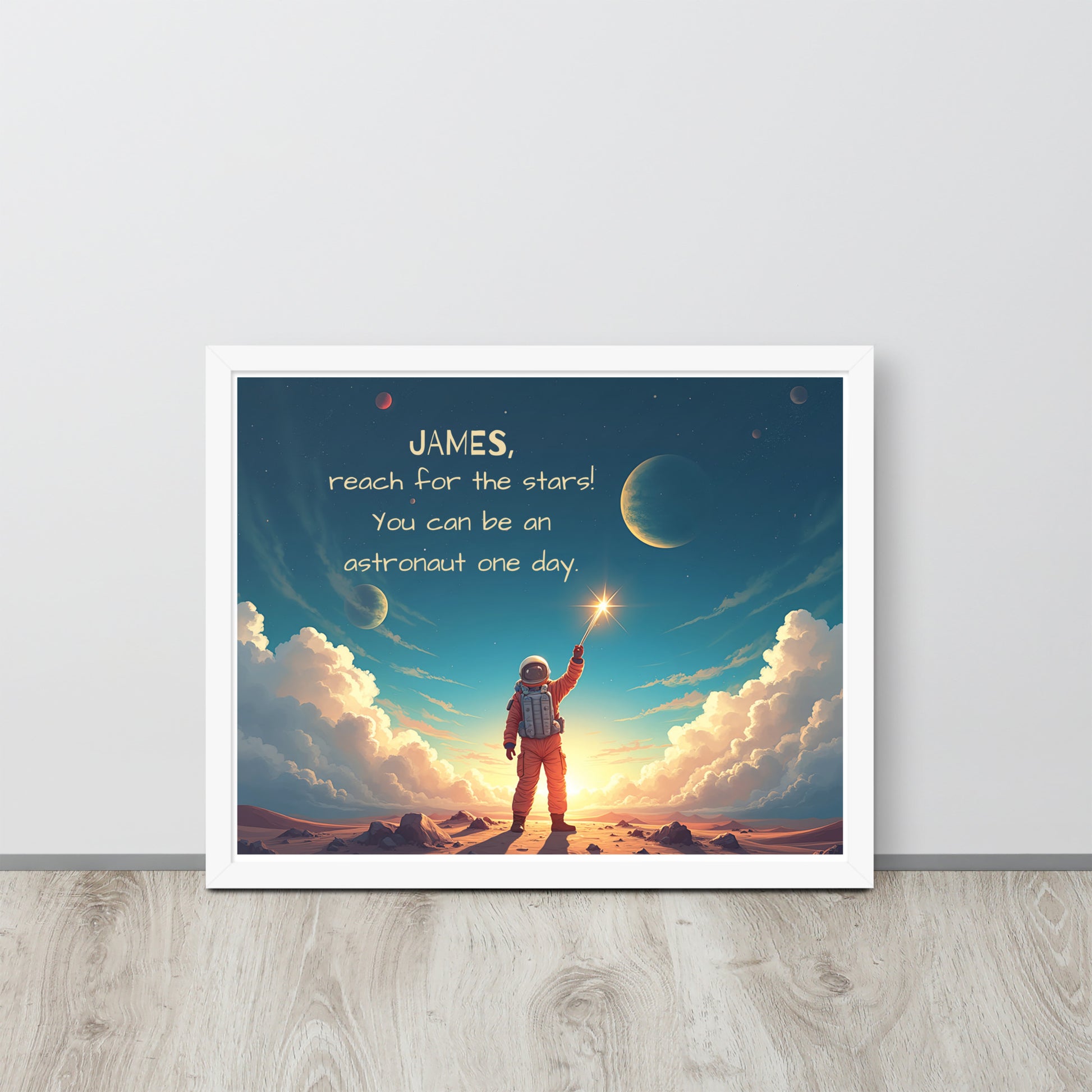 Motivational personalized space explorer poster for kids to encourage dreaming big and exploring the universe.