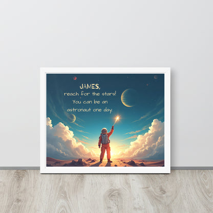 Motivational personalized space explorer poster for kids to encourage dreaming big and exploring the universe.