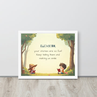 Motivational personalized storyteller poster for kids to encourage joyful storytelling and imagination.